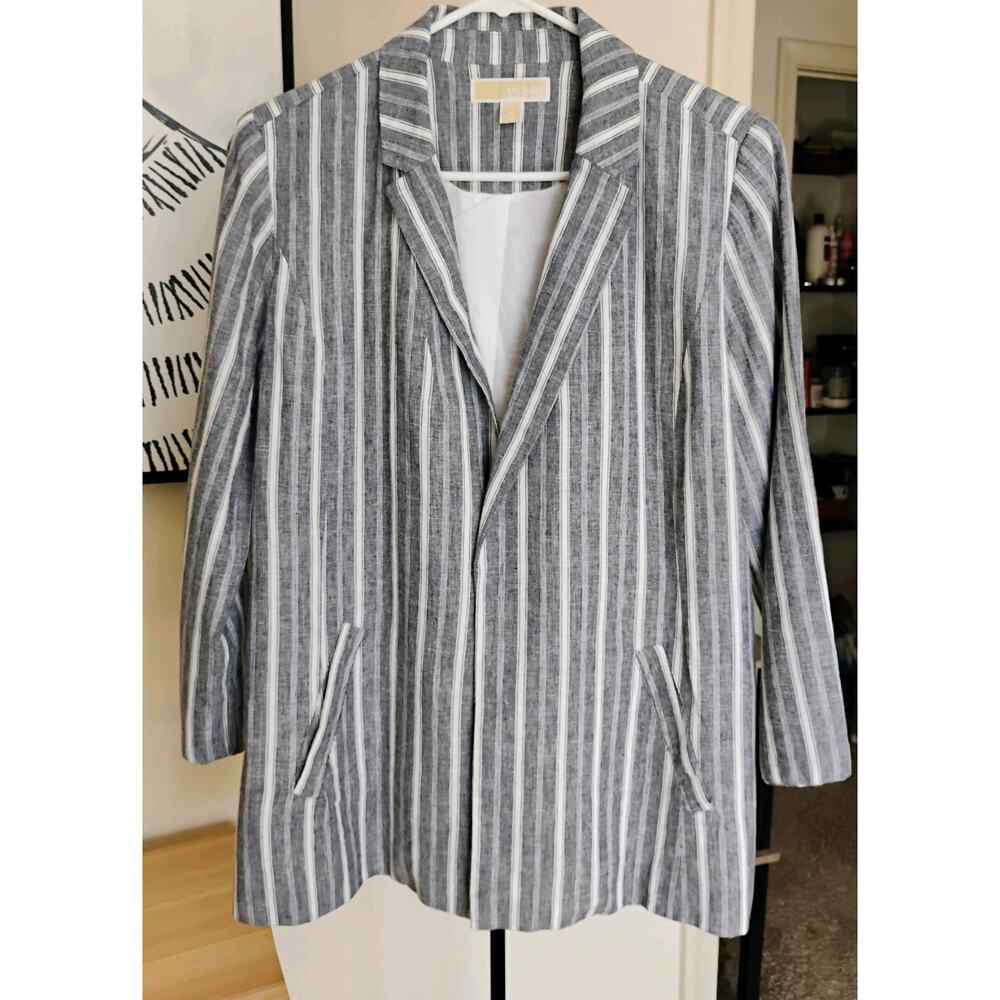 Gray And White Striped Linen Michael Kors Women's Blazer. Medium. Lightweight.